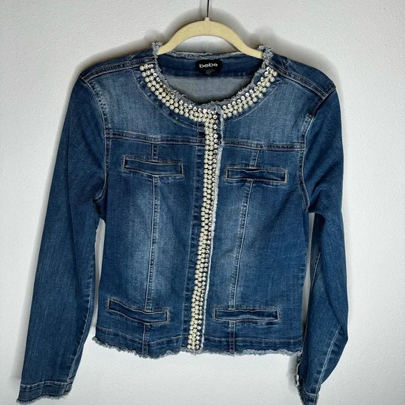 Bebe Pearl And Rhinestone Denim Jacket size small - Picture 1 of 5